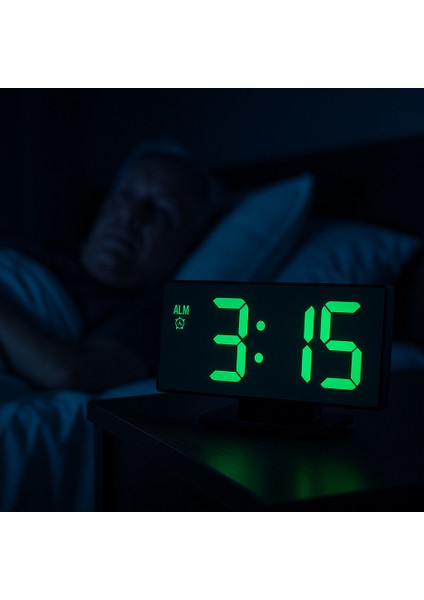 Büyük Ekran LED Dijital Saat – Alarm, Takvim, Sıcaklık, Ayna Yüzeyli Modern Tasarım Masa Üstü