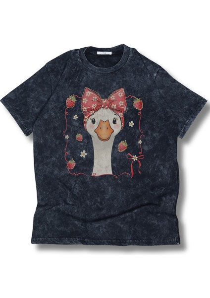 Oversize Çilekli Ördek Baskılı Yıkamalı T-Shirt, Unisex Yaz Temalı Retro Tişört