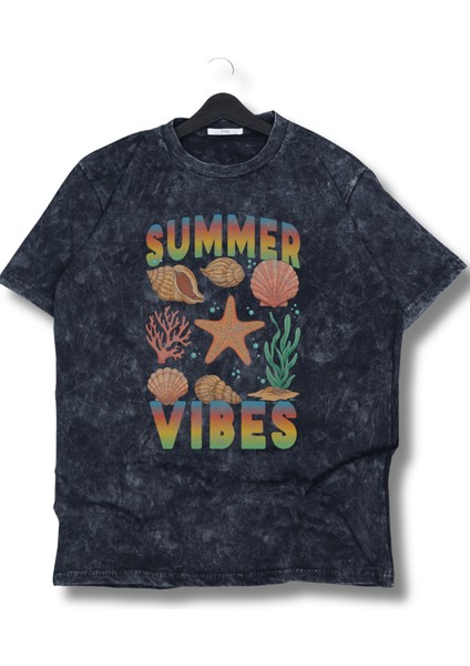 Oversize Summer Times Baskılı Yıkamalı T-Shirt, Unisex Yaz Temalı Vintage Tişört