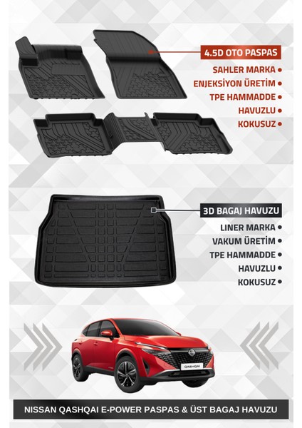 Qashqai E-Power 2022 + Uyumlu 4.5d Premium Havuzlu Oto Paspas ve Liner Marka 3D Ust Bagaj Havuzu