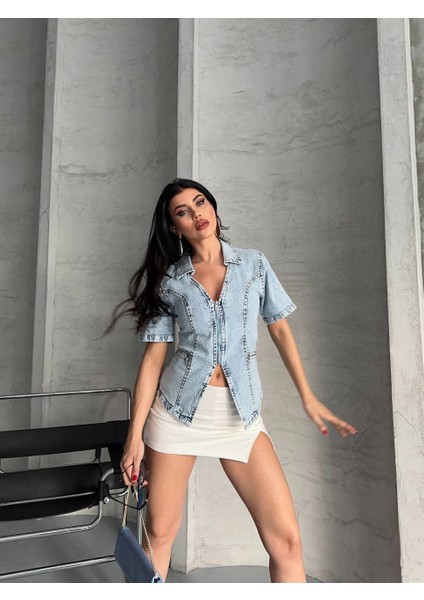 Kısa Kol Fermuarlı Denim Ceket