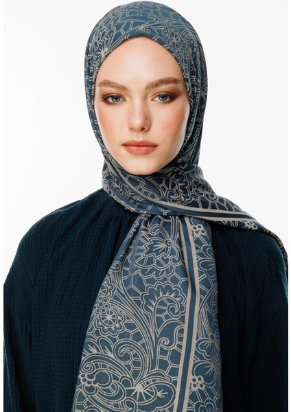 Lavin Desen Çift Taraflı Şal Petrol Mavisi-Bej
