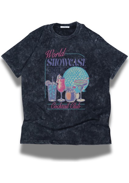 Oversize Coctail Club Baskılı Yıkamalı T-Shirt, Unisex Yaz Içeçek Temalı Retro Tişört