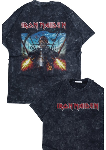 Unisex Iron Maiden Yazılı Sırt Baskılı Yıkamalı T-Shirt, Oversize Rock Band Temalı Retro Tişört