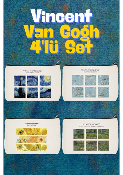 Beyaz Van Gogh 2 Baskılı 4'lü Makyaj ve Kalemlik Seti