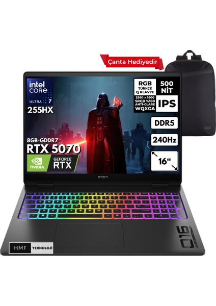 Omen Max 16-AH0021NT Ultra 7-255HX 64-Gbddr5 512 Gbssd RTX5070 (8gb-Gddr7) 16" 240Hz 2k Wqxga Windows 11 Pro + Hmf Sırt Çantası B92QXEAHMFC38