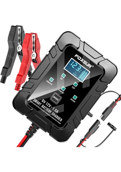 Foxsur 1.5 A Araba Pil Şarj Cihazı, LCD Ekranlı 6V ve 12V Otomotiv Şarj Cihazı, Motosiklet Çim Biçme Makinesi Için Akü Bakım Cihazı Agm Jel Kurşun Asit Aküler, Siyah, Ab Tak (Yurt Dışından)