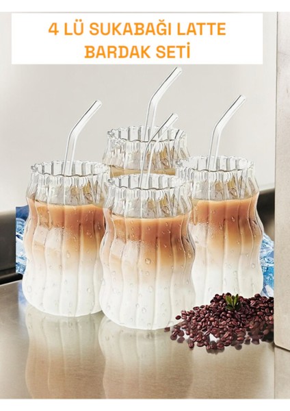 Turuncu 4'lü Latte Cam Bardak Seti, Pipetli, 400ML, Kahve ve Kokteyl Sunumu Için Ideal