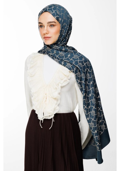 Marrakech Desen Çift Taraflı Şal Petrol Mavisi-Bej