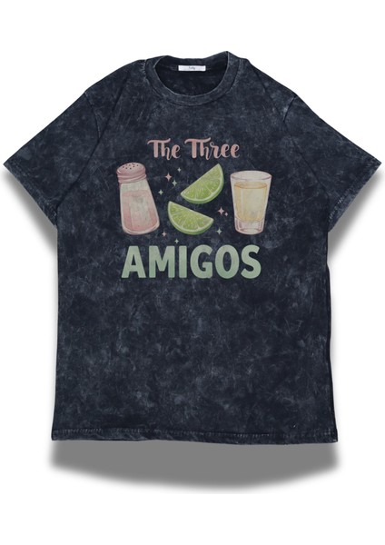 Oversize The Three Amigos Yazılı Yıkamalı T-Shirt, Unisex Tekila Limon Tuz Baskılı Retro Tişört