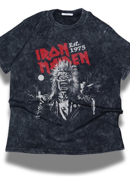 Oversize Iron Maiden Est 1975 Baskılı Yıkamalı T-Shirt, Unisex Rock Band Temalı Retro Tişört