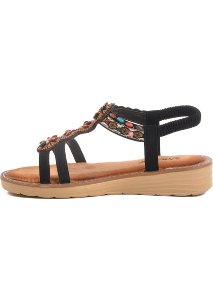 Siyah Hakiki Deri Taş Işlemeli Kadın Sandalet 9634 Z fiyatları
