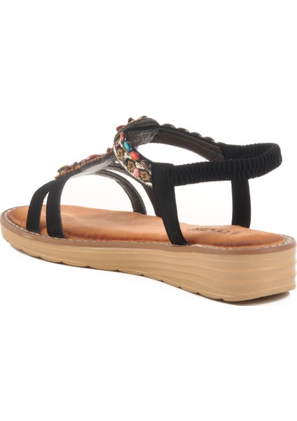 Siyah Hakiki Deri Taş Işlemeli Kadın Sandalet 9634 Z fırsatları