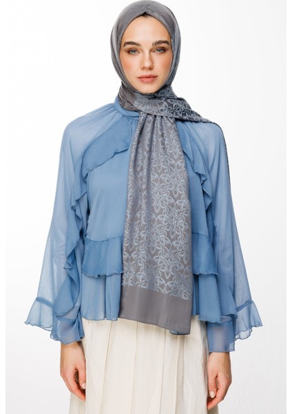Nora Desen Çift Taraflı Şal Koyu Gri-Açık Mavi