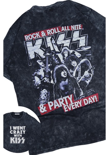 Unisex Kiss Party Every Day Sırt Baskılı Yıkamalı T-Shirt, Oversize Rock Band Temalı Retro Tişört