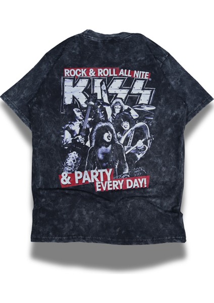 Unisex Kiss Party Every Day Sırt Baskılı Yıkamalı T-Shirt, Oversize Rock Band Temalı Retro Tişört modelleri