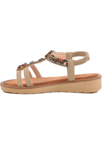 Bej Hakiki Deri Taş Işlemeli Kadın Sandalet 9634 Z fiyatları