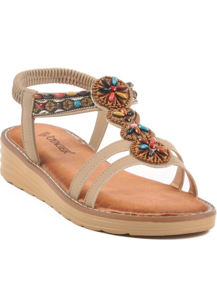 Bej Hakiki Deri Taş Işlemeli Kadın Sandalet 9634 Z modelleri