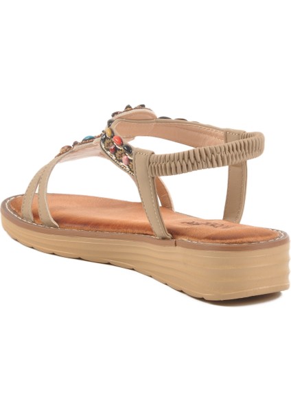 Bej Hakiki Deri Taş Işlemeli Kadın Sandalet 9634 Z fırsatları