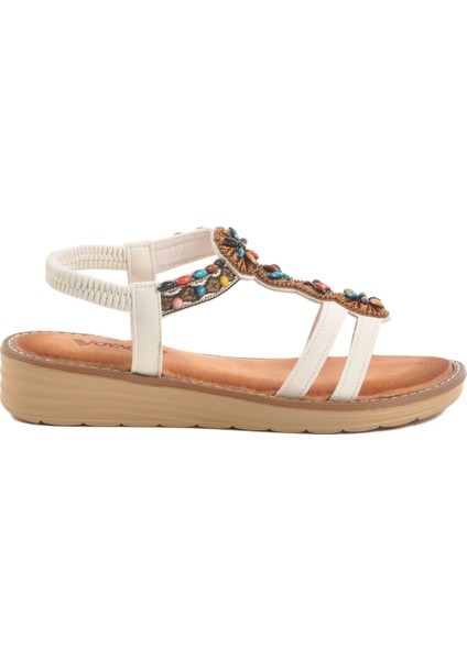 Beyaz Hakiki Deri Taş Işlemeli Kadın Sandalet 9634 Z