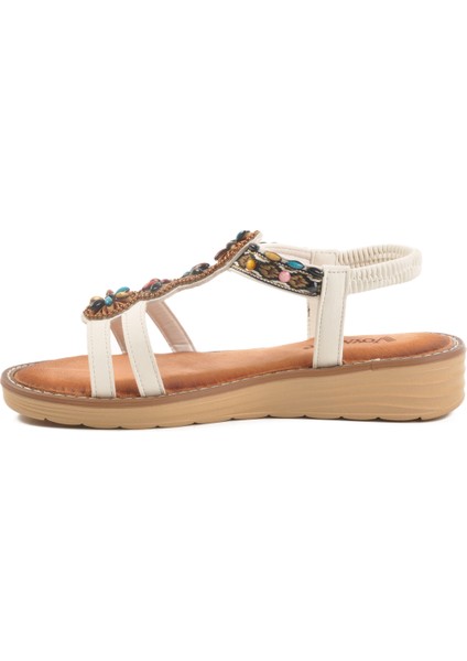 Beyaz Hakiki Deri Taş Işlemeli Kadın Sandalet 9634 Z fiyatları
