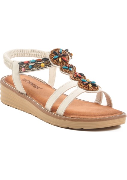 Beyaz Hakiki Deri Taş Işlemeli Kadın Sandalet 9634 Z modelleri