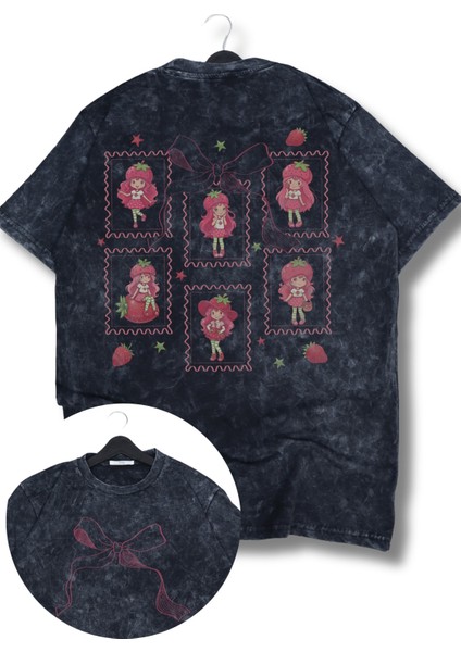 Unisex Çilek Kız Sırt Baskılı Yıkamalı T-Shirt, Oversize Yaz Meyve Temalı Vintage Tişört