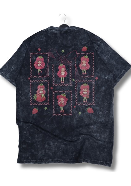 Unisex Çilek Kız Sırt Baskılı Yıkamalı T-Shirt, Oversize Yaz Meyve Temalı Vintage Tişört modelleri