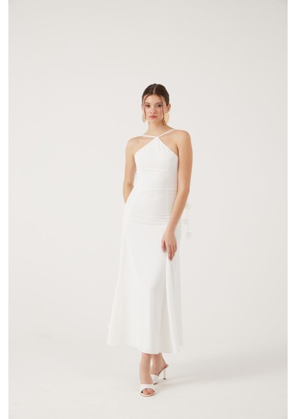 Askıları Yaprak Detaylı Uzun Raina Elbise Beyaz modelleri