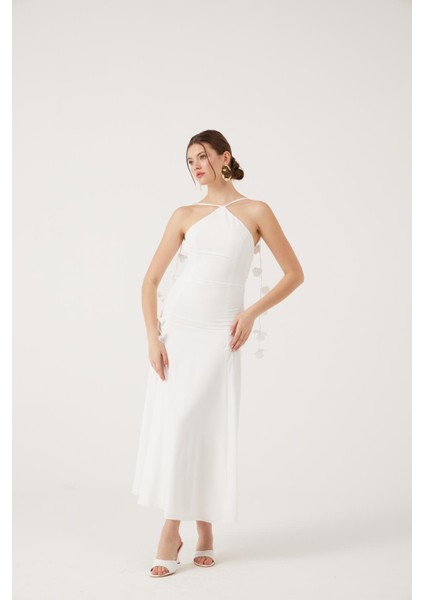 Askıları Yaprak Detaylı Uzun Raina Elbise Beyaz indirimleri