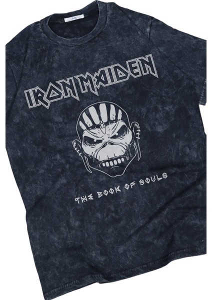 Oversize Classic Iron Maiden Baskılı Yıkamalı T-Shirt, Unisex Rock Band Temalı Vintage Tişört