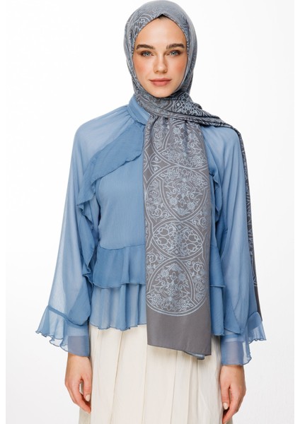 Morocco Desen Çift Taraflı Şal Koyu Gri-Açık Mavi