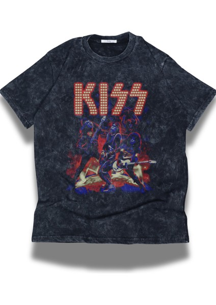 Oversize Kiss Konser Baskılı Yıkamalı T-Shirt, Unisex Rock Band Temalı Retro Tişört