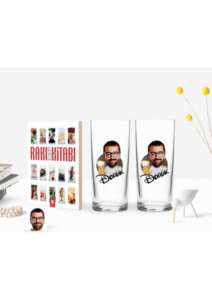 Renkli Baskılı Erkek Karikatürlü Ikili Rakı Bardağı ve Cep Kitabı Hediye Seti