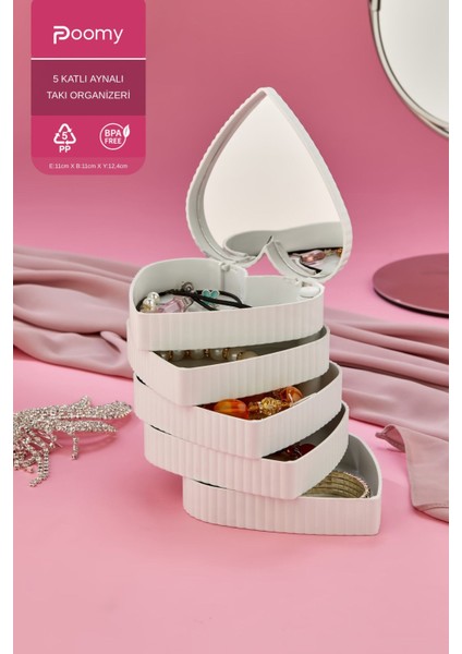 Çizgili Kalpli Mina 5 Katlı Aynalı Takı Organizeri, Beyaz Renk