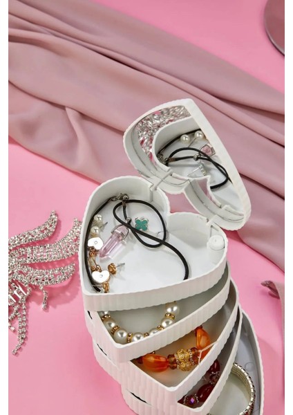 Çizgili Kalpli Mina 5 Katlı Aynalı Takı Organizeri, Beyaz Renk fiyatları