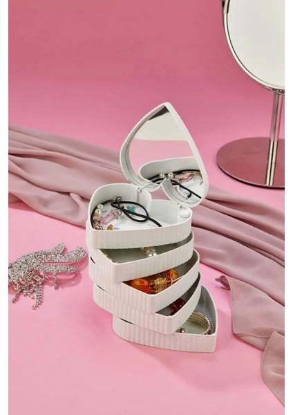Çizgili Kalpli Mina 5 Katlı Aynalı Takı Organizeri, Beyaz Renk fırsatları