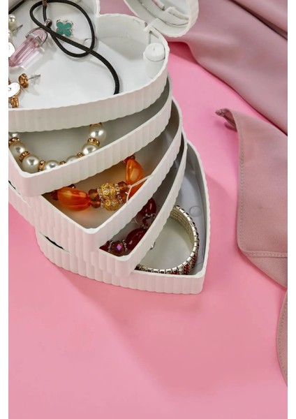 Çizgili Kalpli Mina 5 Katlı Aynalı Takı Organizeri, Beyaz Renk indirimleri