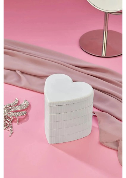 Çizgili Kalpli Mina 5 Katlı Aynalı Takı Organizeri, Beyaz Renk