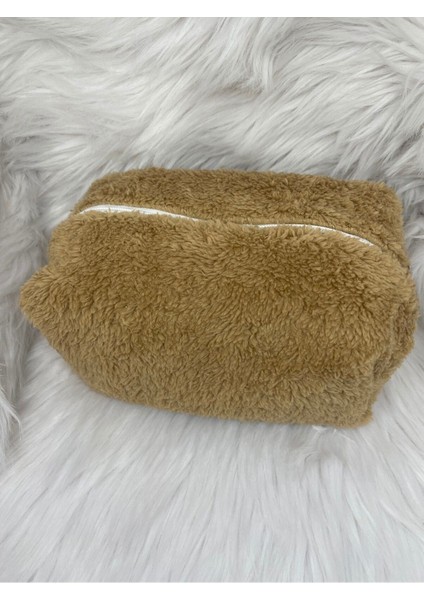 Kahverengi Peluş Fermuarlı Makyaj Çantası 20X12 cm