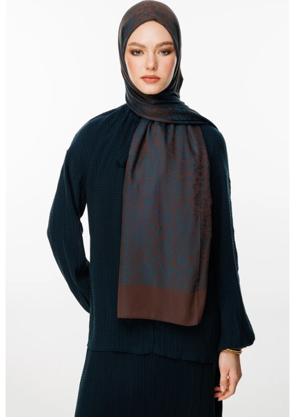 Henna Desen Çift Taraflı Şal Acı Kahve-Petrol Mavisi