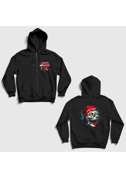Unisex Siyah Poster Skull Limp Bizkit Sırt Baskılı Fermuarlı Kapüşonlu Sweatshirt