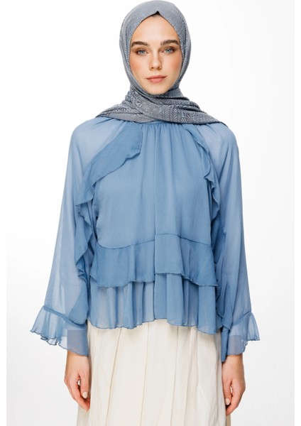 Mayra Desen Çift Taraflı Şal Koyu Gri-Açık Mavi