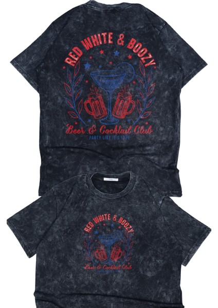 Unisex Red White And Boozy Sırt Baskılı Yıkamalı T-Shirt,oversize Cocktail Club Temalı Retro Tişört
