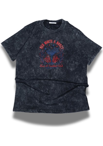 Unisex Red White And Boozy Sırt Baskılı Yıkamalı T-Shirt,oversize Cocktail Club Temalı Retro Tişört fiyatları