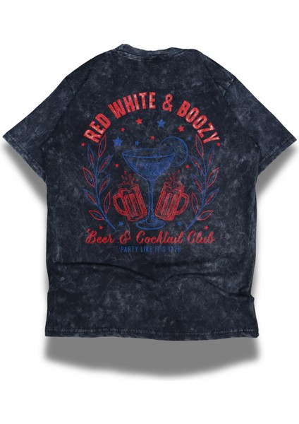 Unisex Red White And Boozy Sırt Baskılı Yıkamalı T-Shirt,oversize Cocktail Club Temalı Retro Tişört modelleri