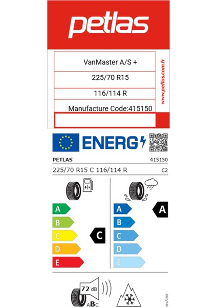 225/70 R15 C Tl 116/114R 10PR Vanmaster + A/s Hafif Ticari Oto 4 Mevsim Lastiği (Üretim Yılı:2025) fiyatları
