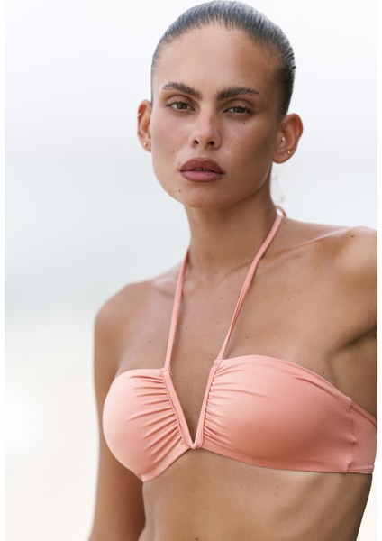Bunga Bağlamalı Büzgü Detay Somon Bikini Üstü modelleri