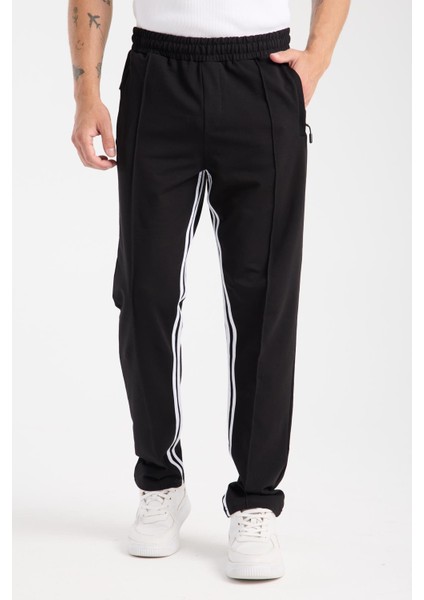 6005 Siyah Erkek Beli Lastikli Kordonlu Yanları Cepli Fermuarlı Iki Şeritli Siyah Eşofman Altı