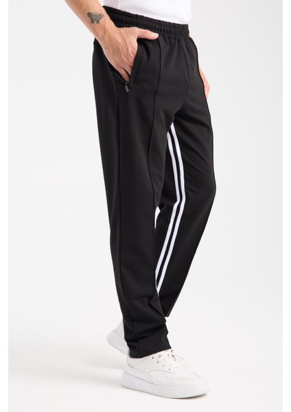 6005 Siyah Erkek Beli Lastikli Kordonlu Yanları Cepli Fermuarlı Iki Şeritli Siyah Eşofman Altı modelleri